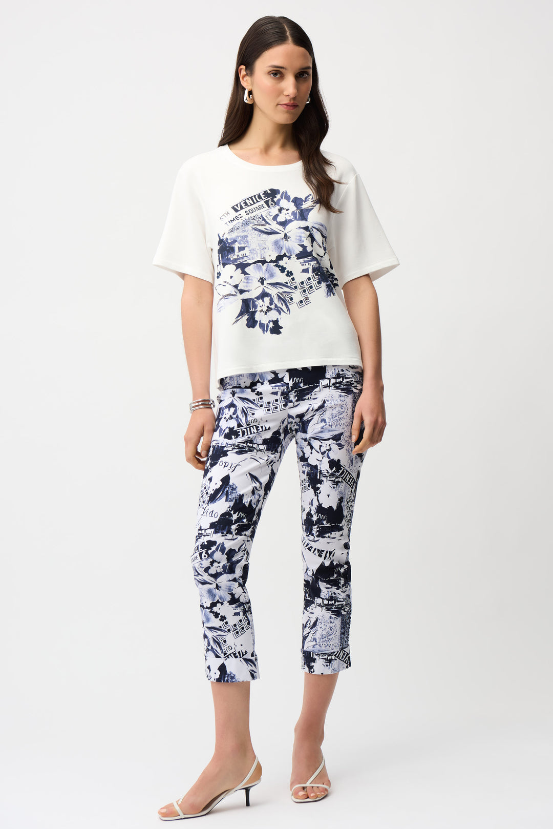 T-Shirt with Rhinestones and Front Print in Vanilla/Blue by Joseph Ribkoff