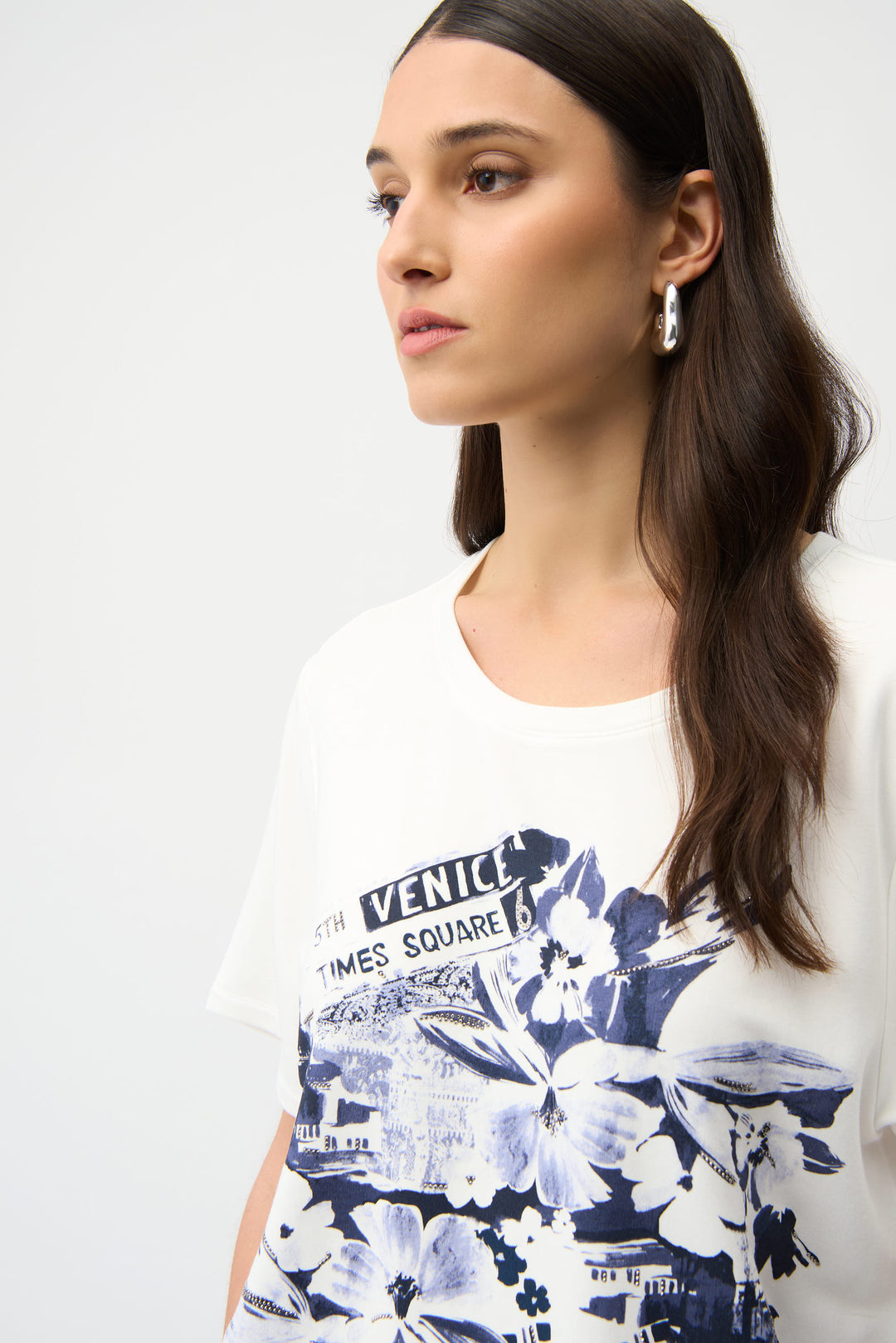 T-Shirt with Rhinestones and Front Print in Vanilla/Blue by Joseph Ribkoff