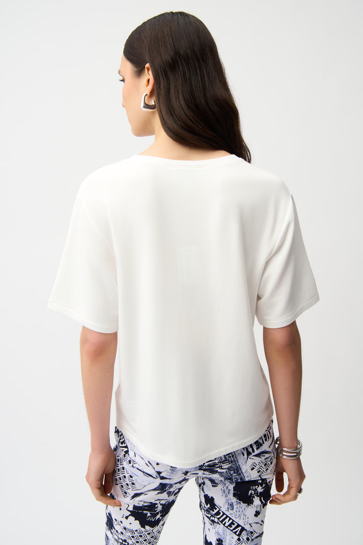 T-Shirt with Rhinestones and Front Print in Vanilla/Blue by Joseph Ribkoff in XS / Vanilla