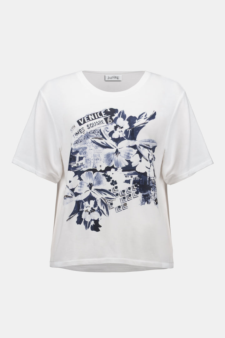 T-Shirt with Rhinestones and Front Print in Vanilla/Blue by Joseph Ribkoff in XS / Vanilla