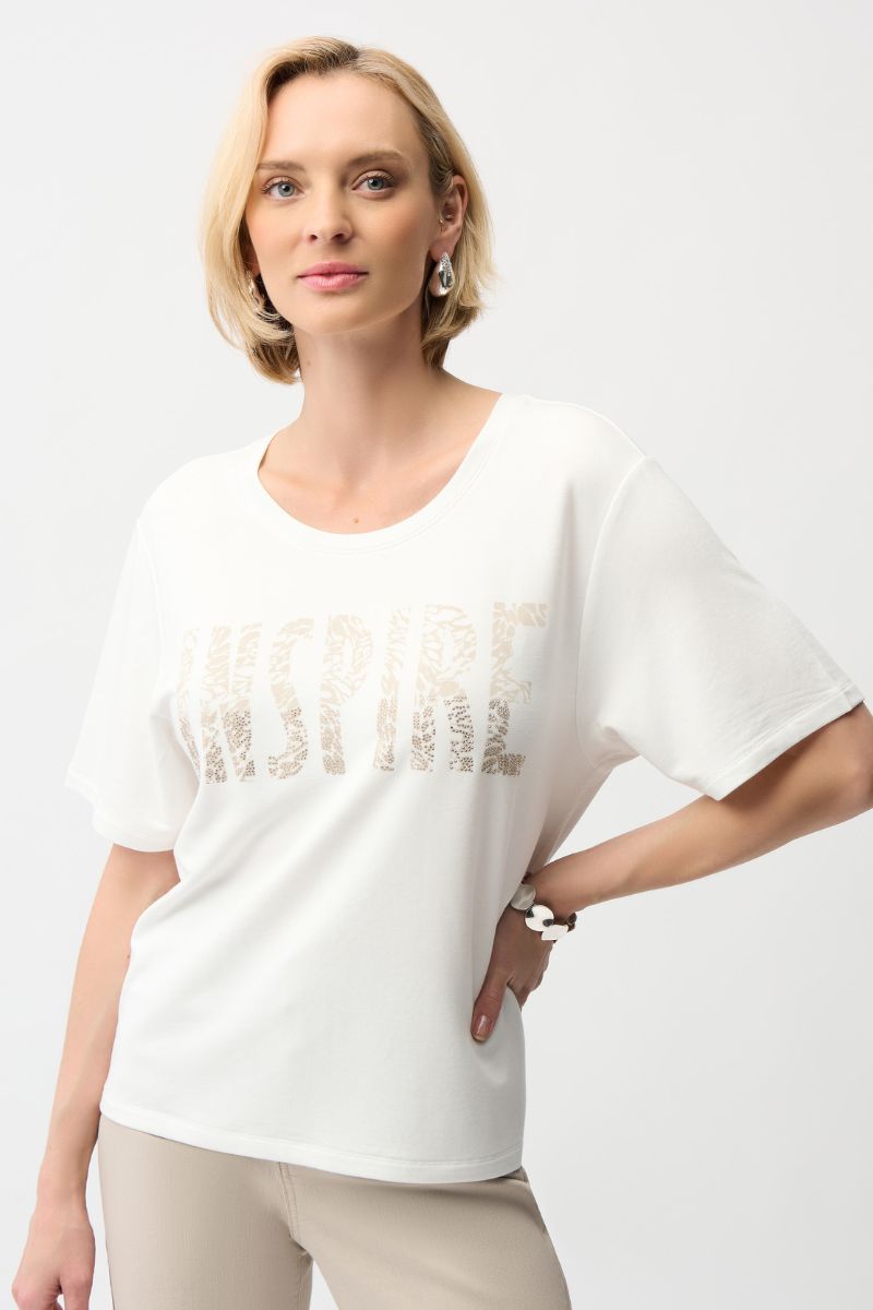 T-Shirt with Rhinestones and Front Print in Vanilla/Beige by Joseph Ribkoff