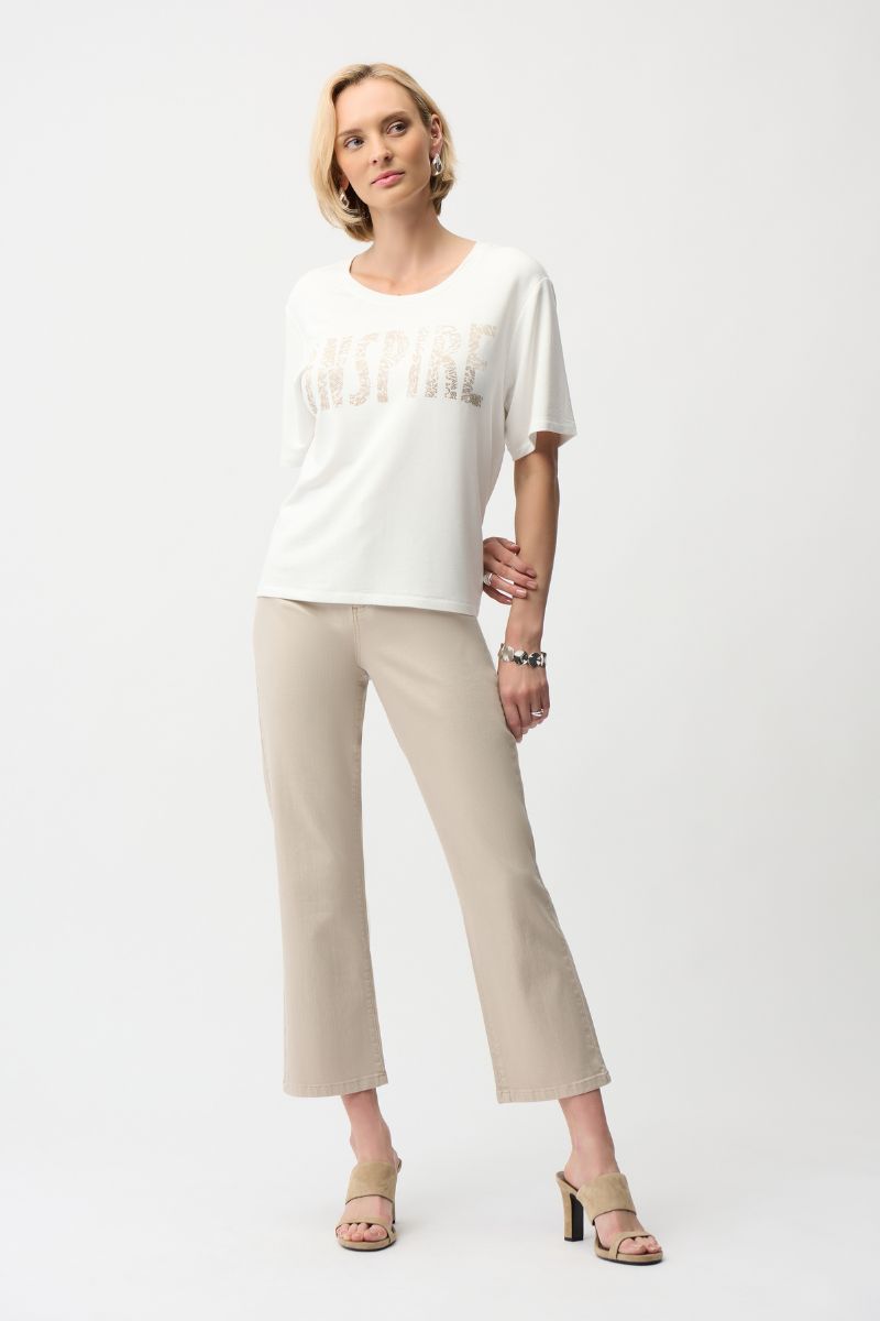 Woman wearing Joseph Ribkoff 261967 Front Print Straight T-Shirt with Rhinestones styled outfit view in Vanilla beige