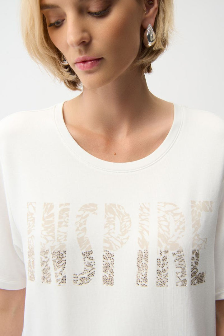 T-Shirt with Rhinestones and Front Print in Vanilla/Beige by Joseph Ribkoff in XS / Vanilla
