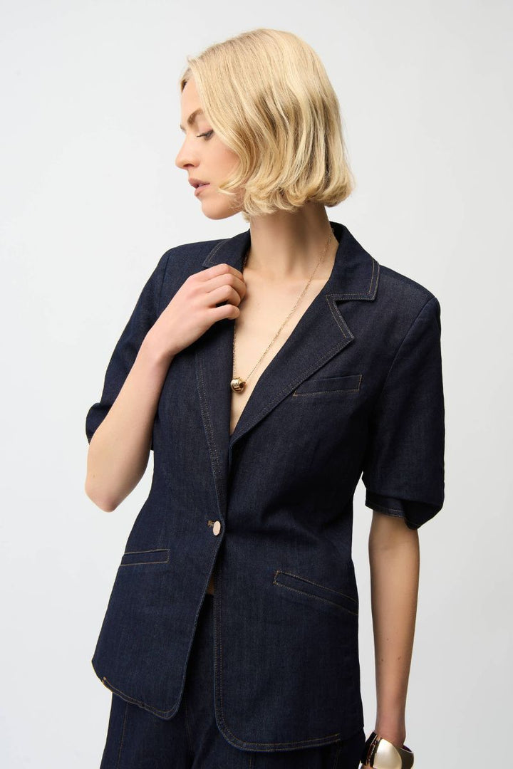 Denim Fitted Blazer in Dark Denim by Joseph Ribkoff in S / Dark Blue Denim