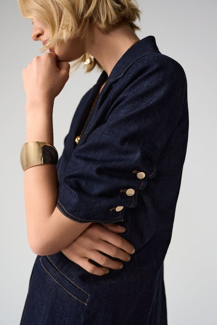 Denim Fitted Blazer in Dark Denim by Joseph Ribkoff in S / Dark Blue Denim