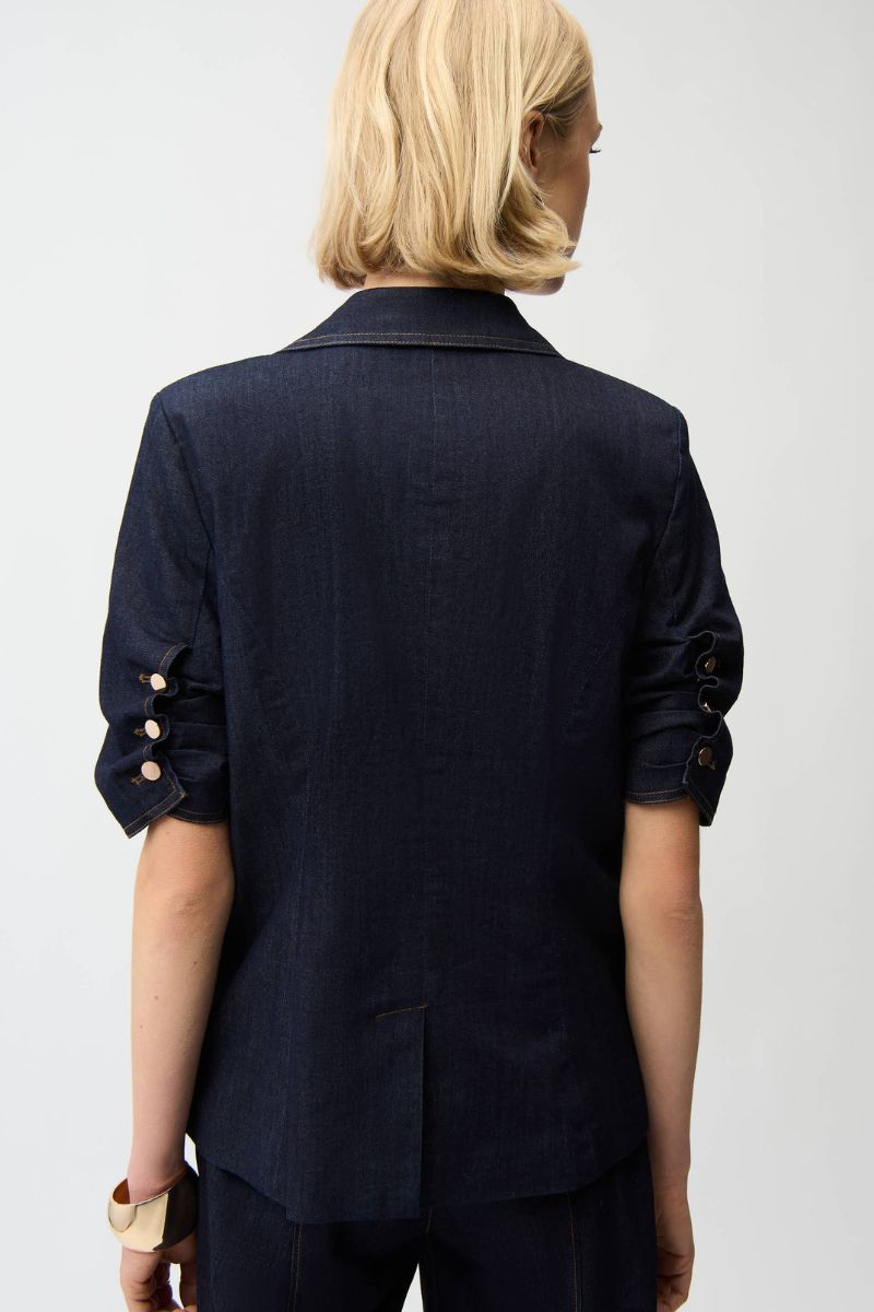 Woman wearing Joseph Ribkoff 261968 Denim Fitted Blazer in Dark Denim back view