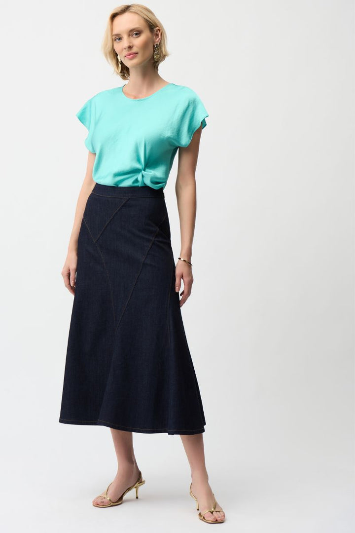 Denim Flare Skirt with Exposed Zipper in Dark Denim by Joseph Ribkoff in 8 / Dark Blue Denim