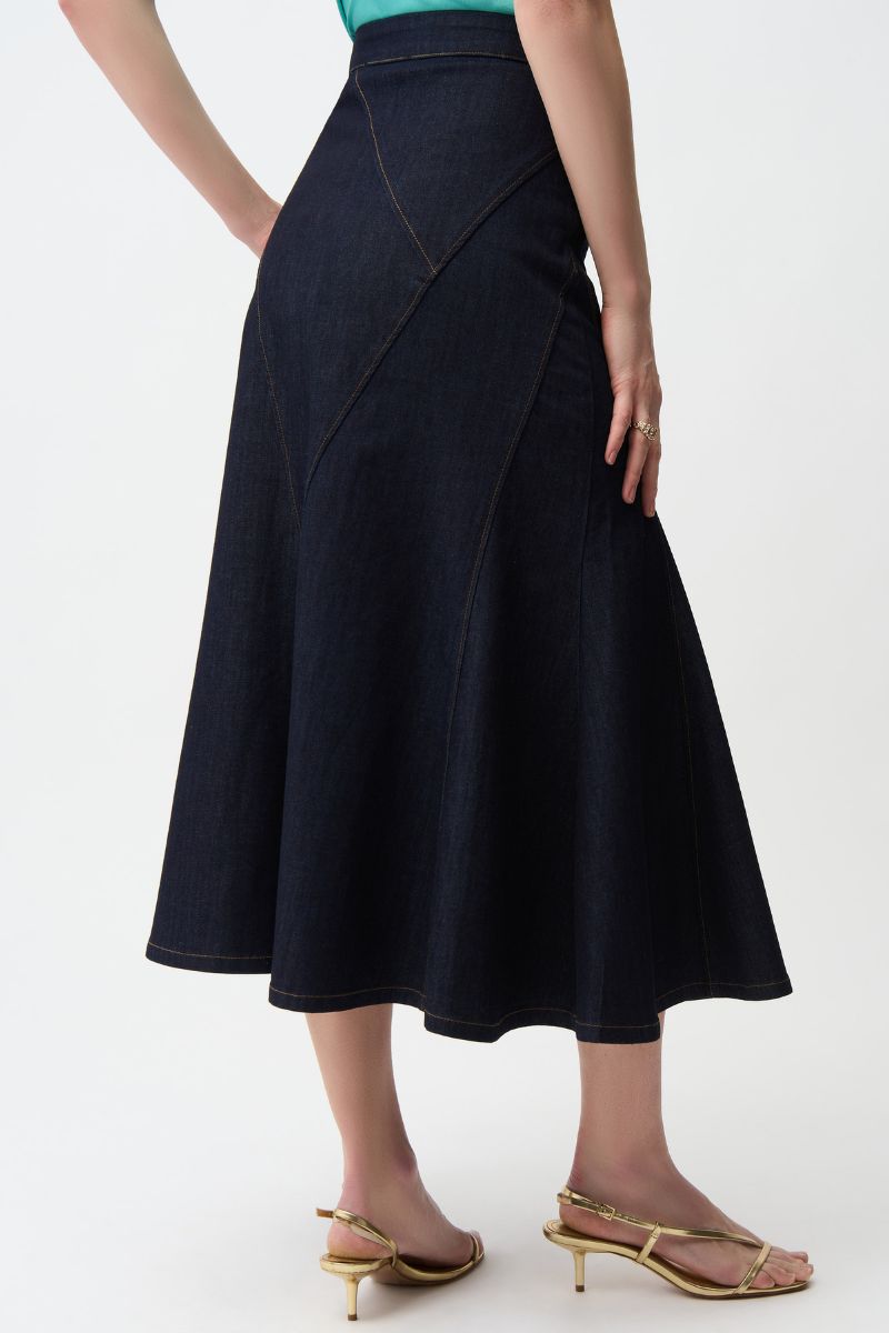 Woman wearing Joseph Ribkoff 261969 Denim Flare Skirt with Exposed Zipper in Dark Denim back view