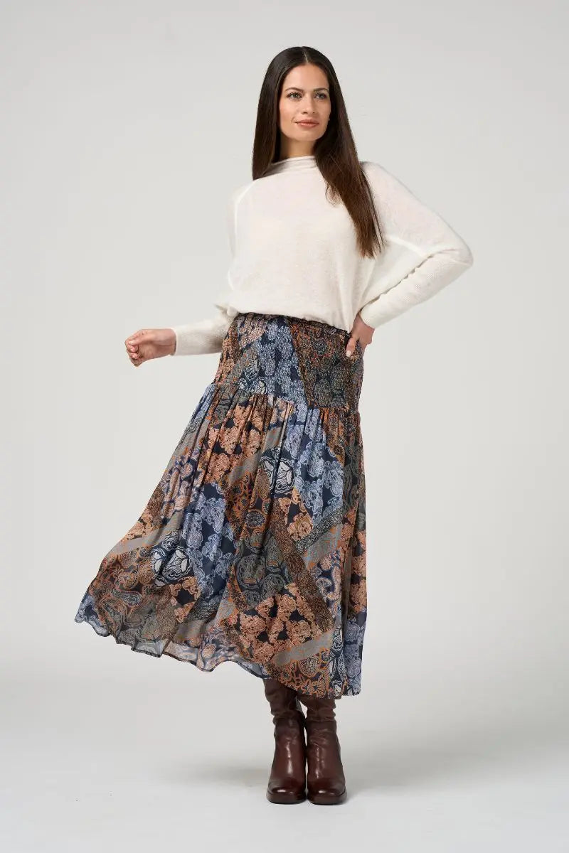 Woman wearing Byzantium Skirt in Indigo Multi by Loobie’s Story LS3212B front view