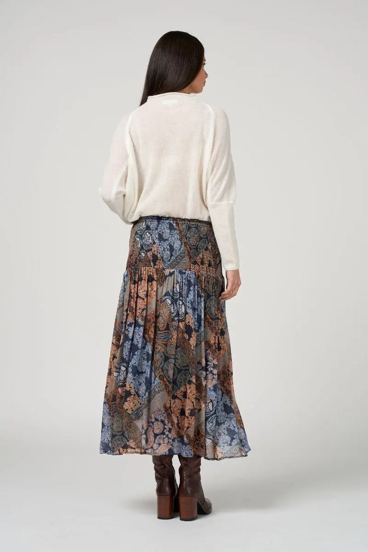 Woman wearing Byzantium Skirt in Indigo Multi by Loobie’s Story LS3212B back view