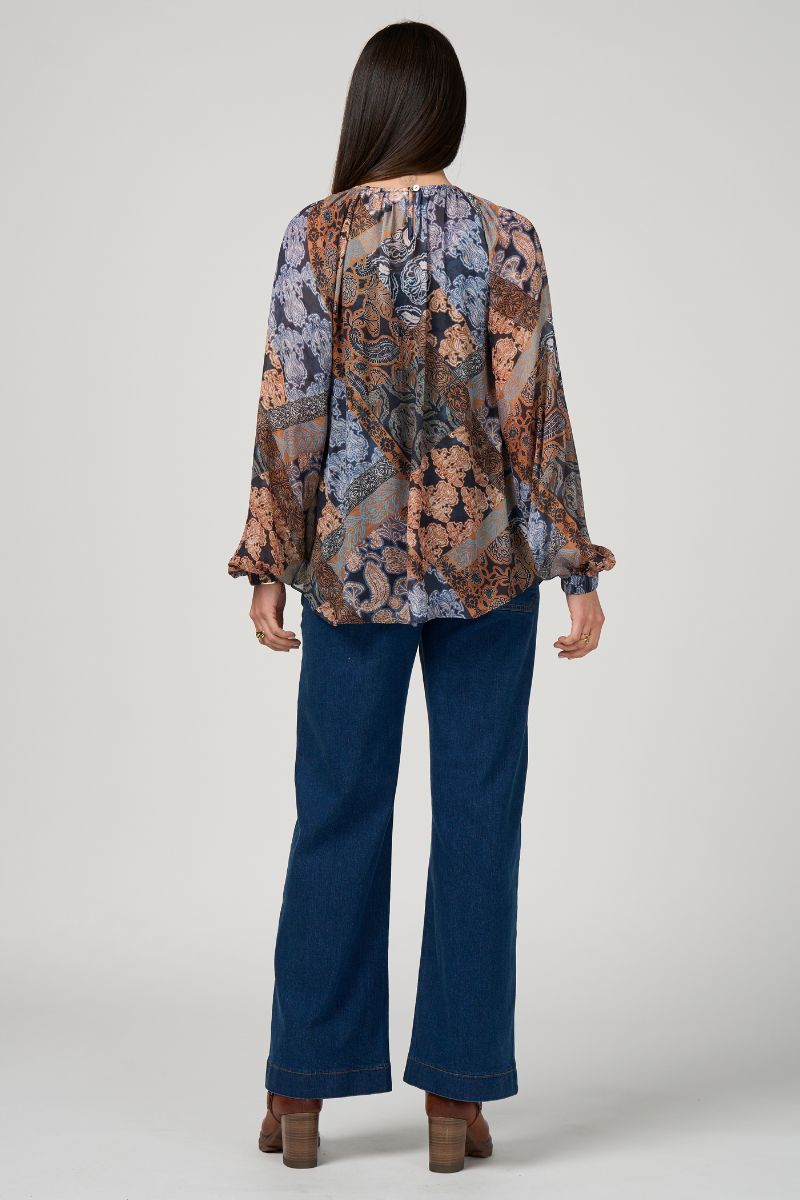 Woman wearing Byzantium Top in Indigo Multi by Loobie’s Story LS3211B back view