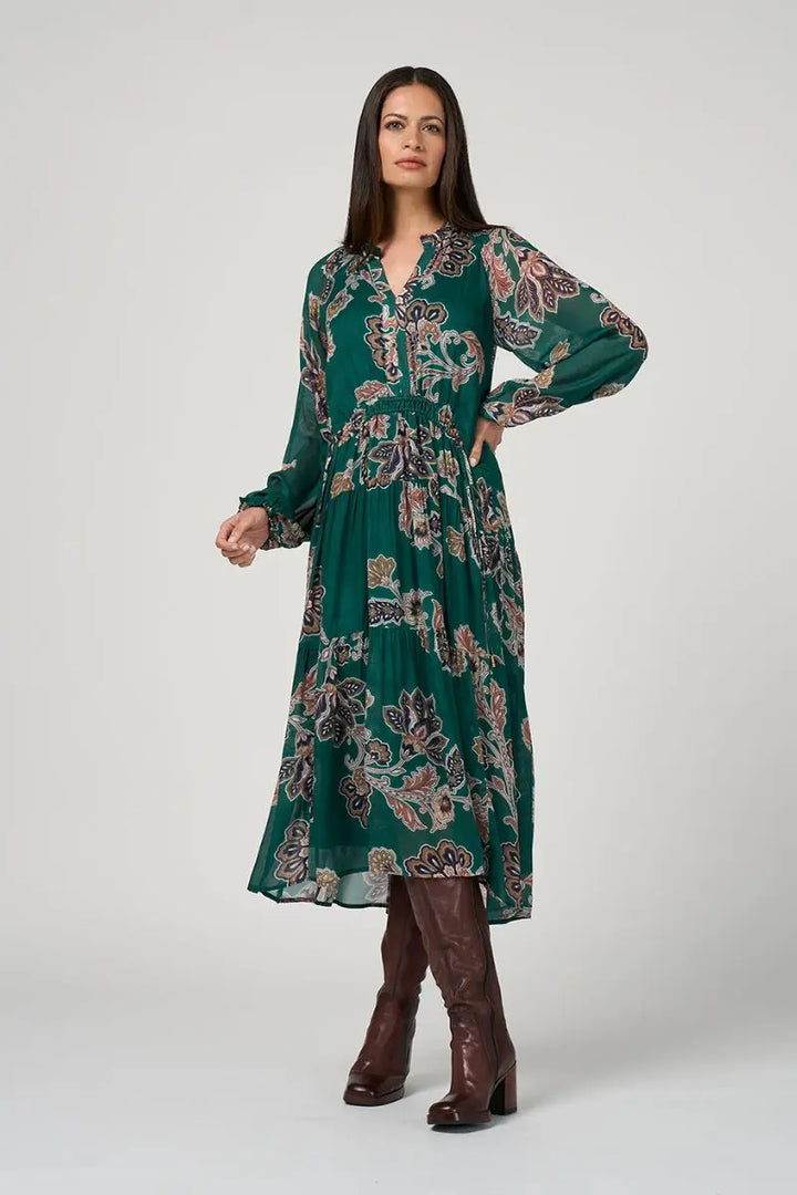 Woman wearing Versailles Midi Dress in Evergreen Multi by Loobie’s Story LS3213V front view