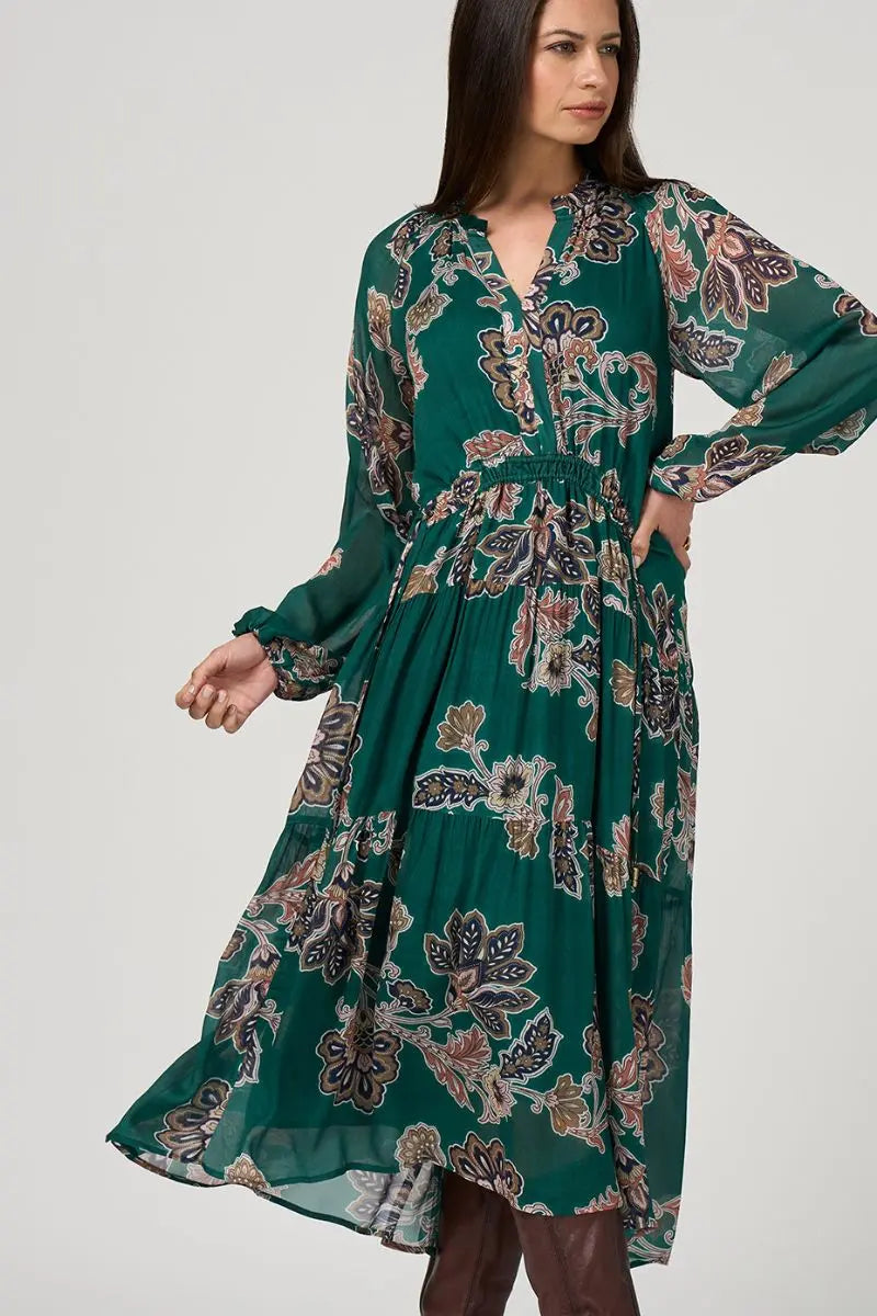 Woman wearing Versailles Midi Dress in Evergreen Multi by Loobie’s Story LS3213V sleeve detail