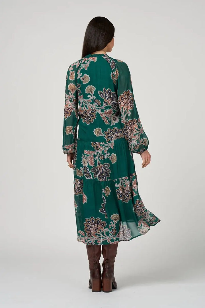 Woman wearing Versailles Midi Dress in Evergreen Multi by Loobie’s Story LS3213V back view