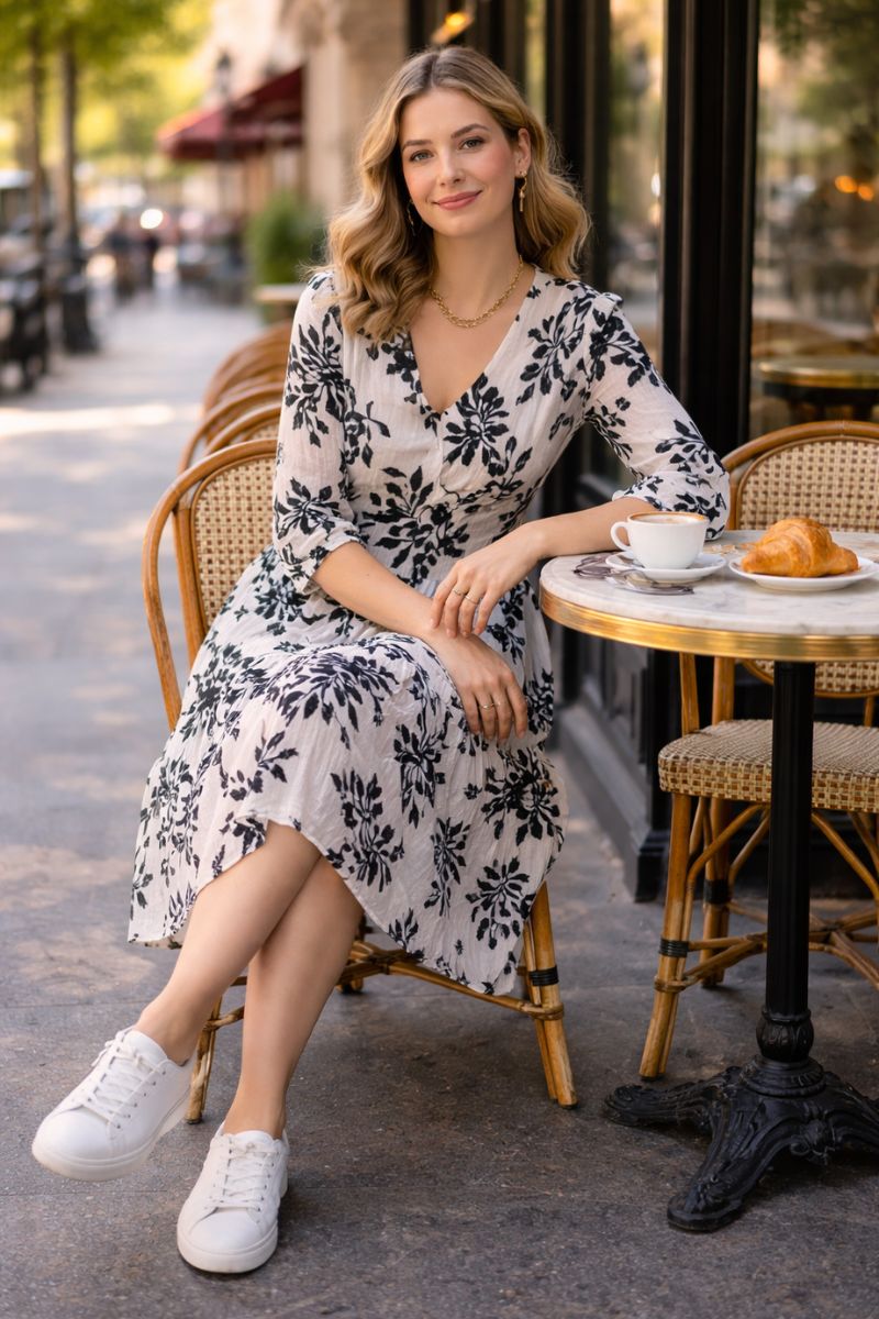 3/4 Sleeve V Neck Jok Midi Dress in Navy & White Print by Dress Addict