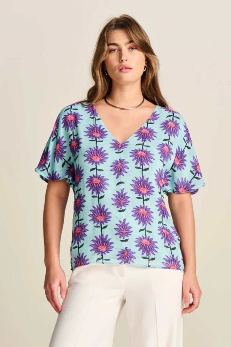 Georgie Top in aqua flower print SP7718 by POM Amsterdam