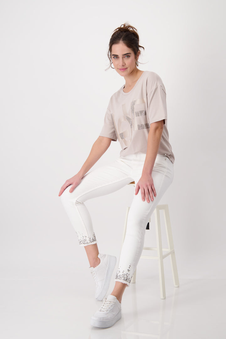 Decorative Hem White Jeans 408395MNR by Monari