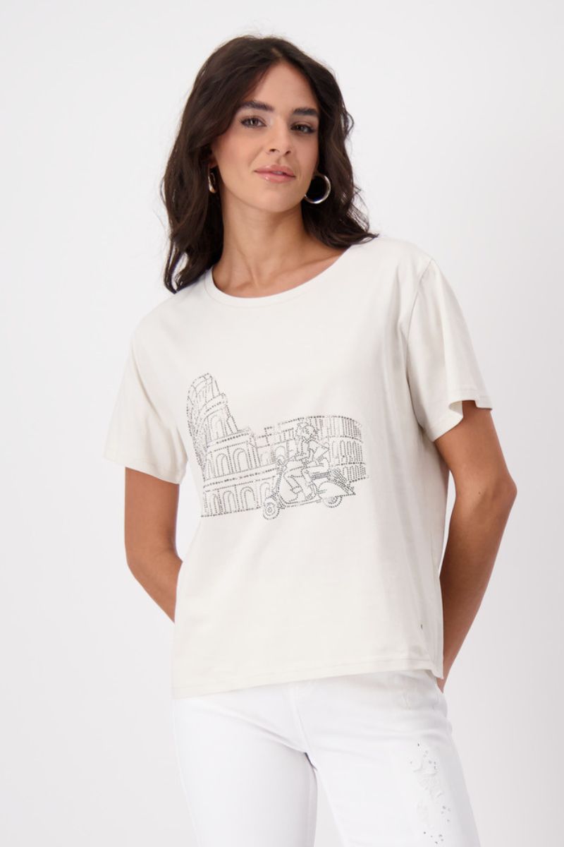 Rhinestone Photo Print Cotton T-Shirt in White by Monari