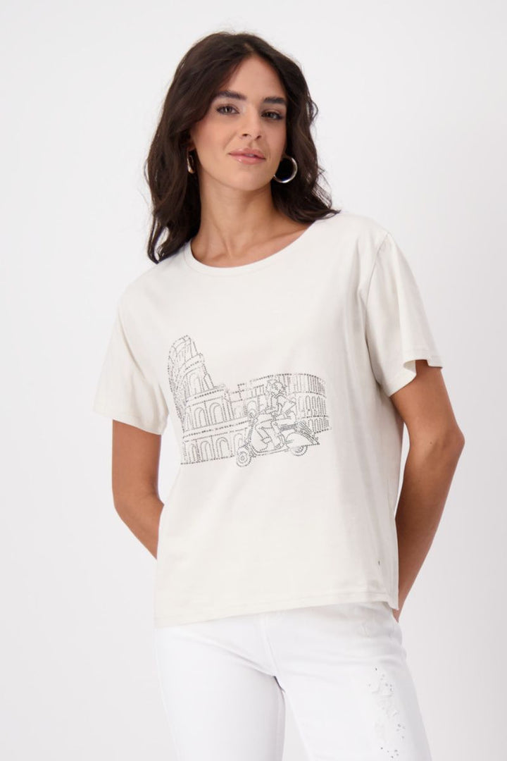 Rhinestone Photo Print Cotton T-Shirt in White by Monari in 36 / Cream