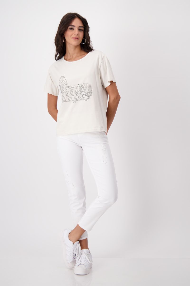 Woman wearing Monari 408608 Rhinestone Photo Print Cotton T-Shirt styled outfit view in White