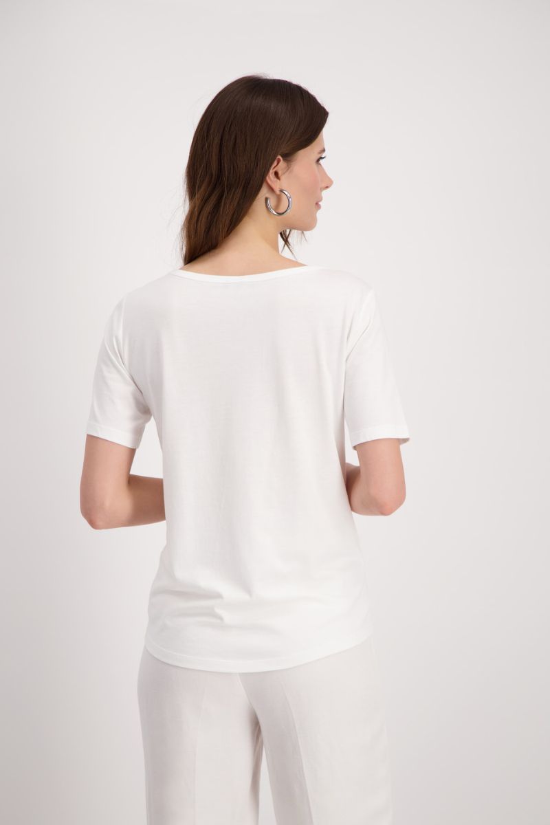 Woman wearing Monari 408612MNR Sequin Script Cotton Modal T-Shirt in Off-White back view