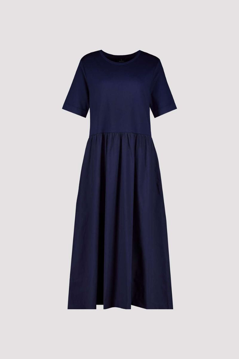 Mixed-Fabric Maxi Dress in Navy by Monari