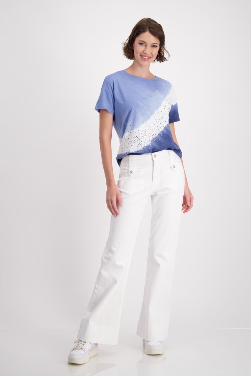 Woman wearing Monari 408628MNR Batik Print T-Shirt Blue front view