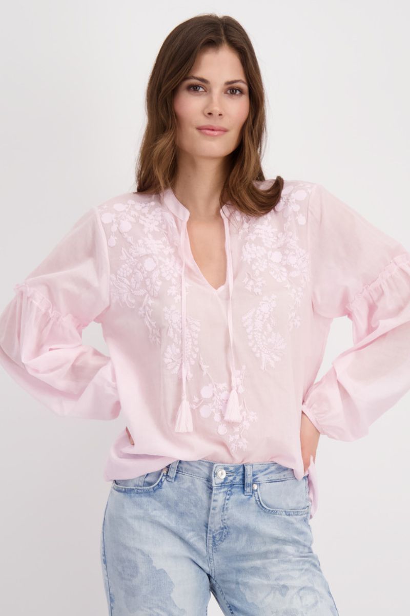 Blouse with Beaded Tone-on-Tone Print in Flamingo Pink by Monari