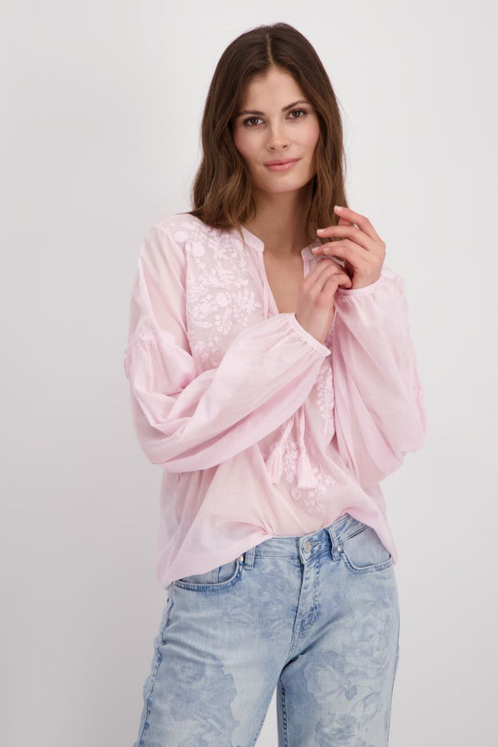 Blouse with Beaded Tone-on-Tone Print in Flamingo Pink by Monari in 42 / Petal Pink