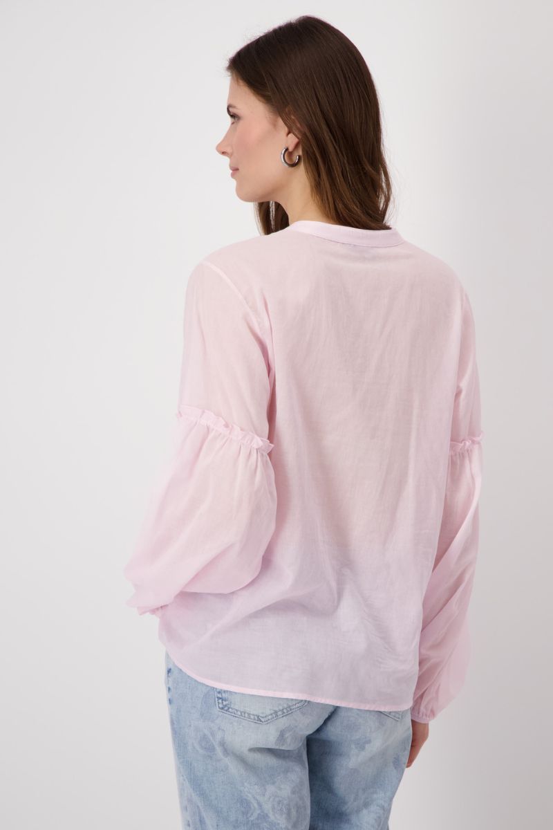 Woman wearing Monari 408643MNR Flamingo Pink Beaded Blouse back view