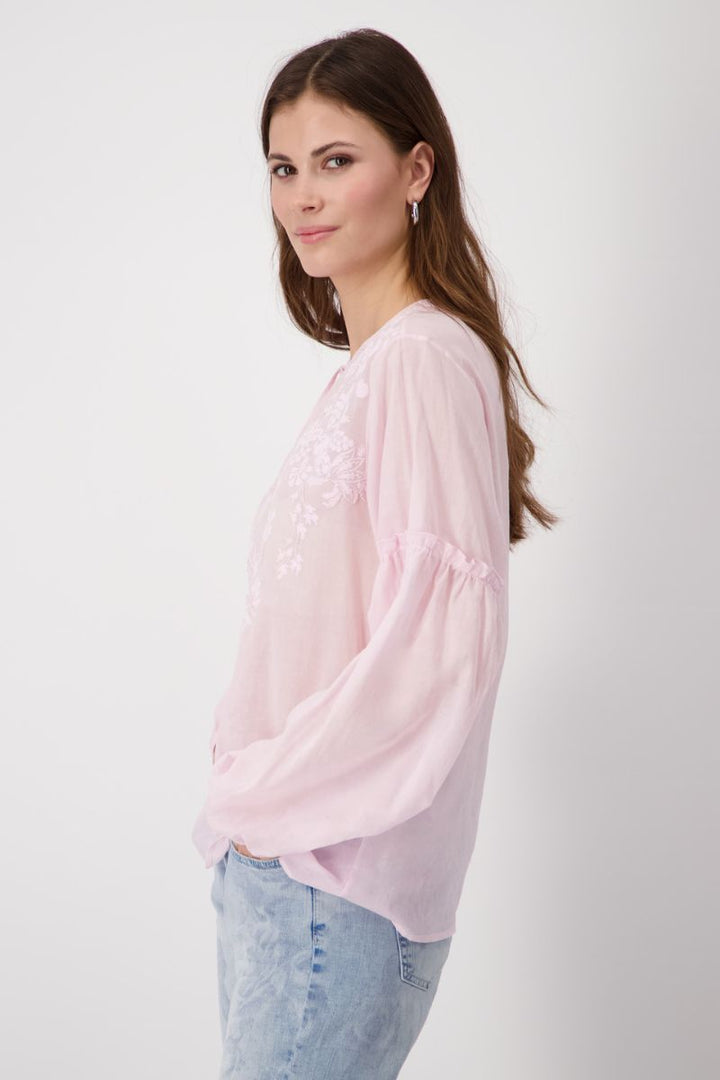 Blouse with Beaded Tone-on-Tone Print in Flamingo Pink by Monari in 42 / Petal Pink
