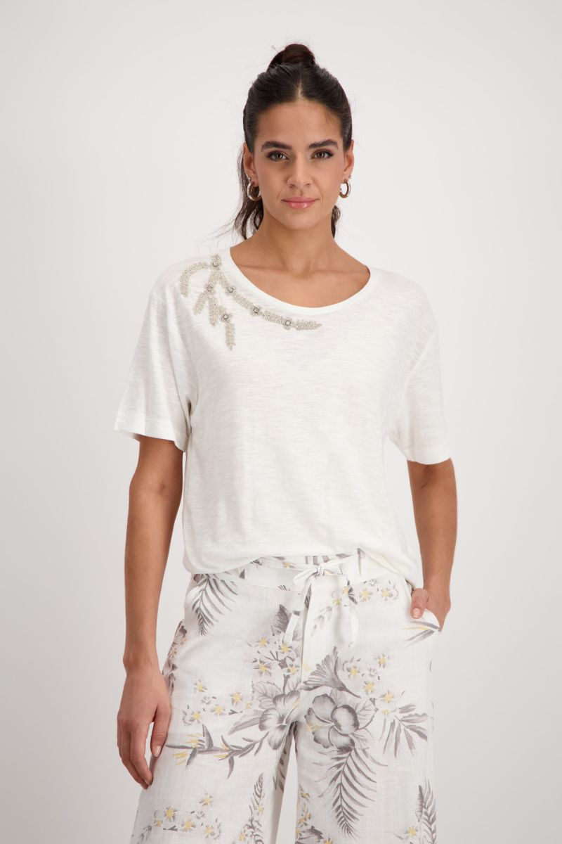 Gemstone Appliqué Cotton Viscose T-Shirt in Off-White by Monari