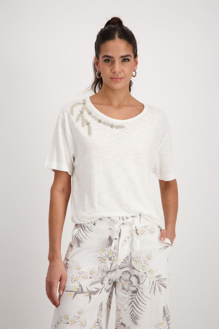 Gemstone Appliqué Cotton Viscose T-Shirt in Off-White by Monari in 34 / Off White