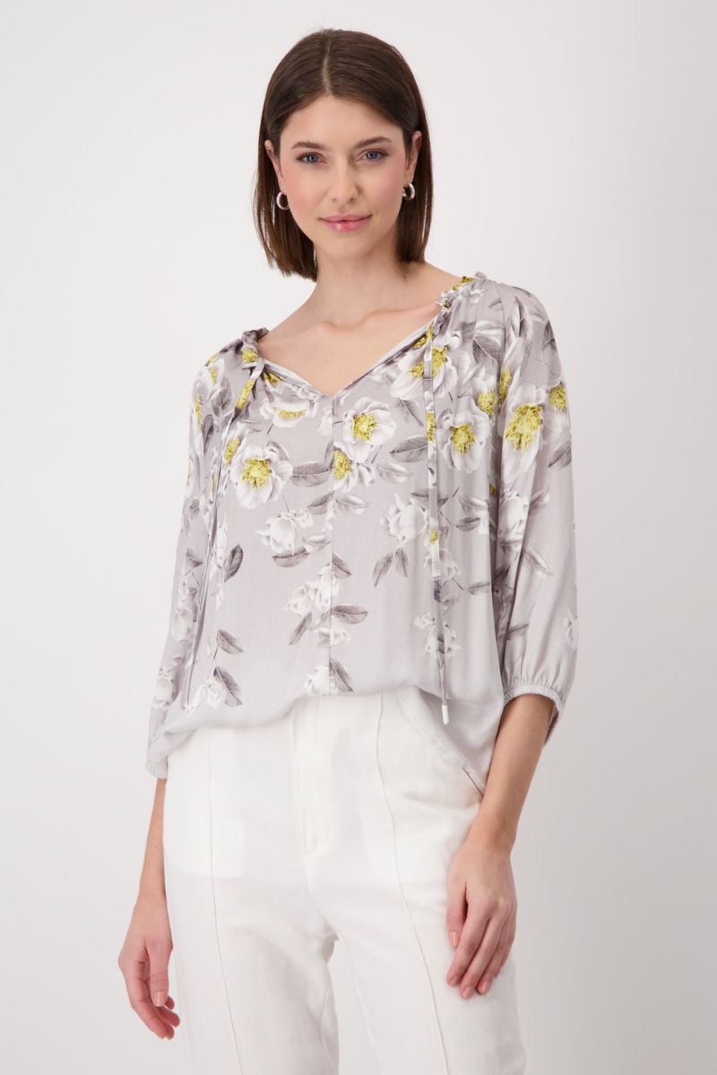 Floral Print Viscose Blouse with Tie Neck in Flower Allover by Monari