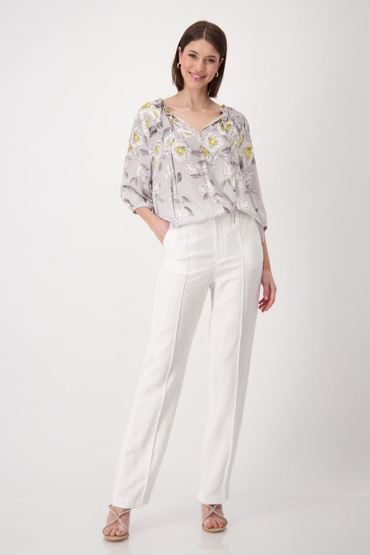 Floral Print Viscose Blouse with Tie Neck in Flower Allover by Monari in 36 / Sand