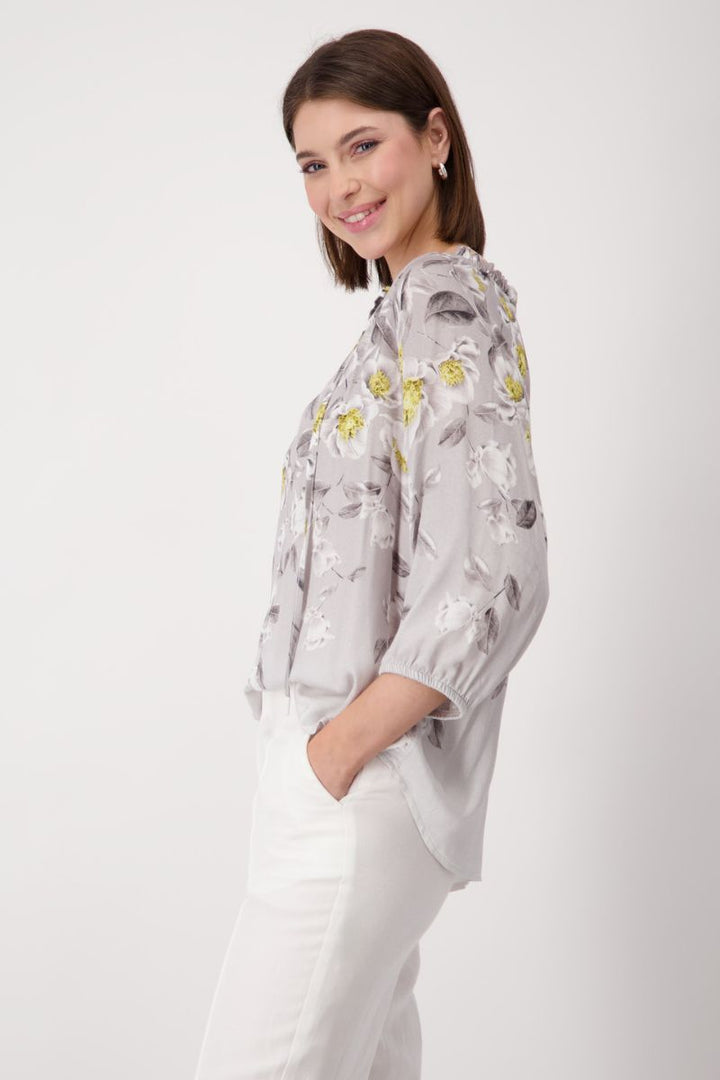 Floral Print Viscose Blouse with Tie Neck in Flower Allover by Monari in 36 / Sand