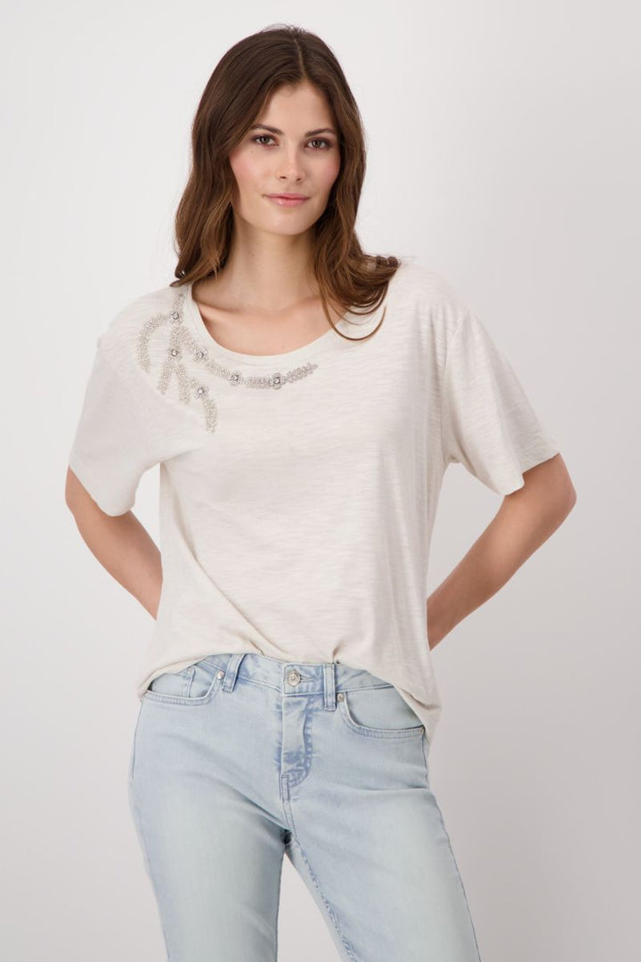 Gemstone Appliqué Cotton Viscose T-Shirt in Light Sand by Monari in 34 / Sand