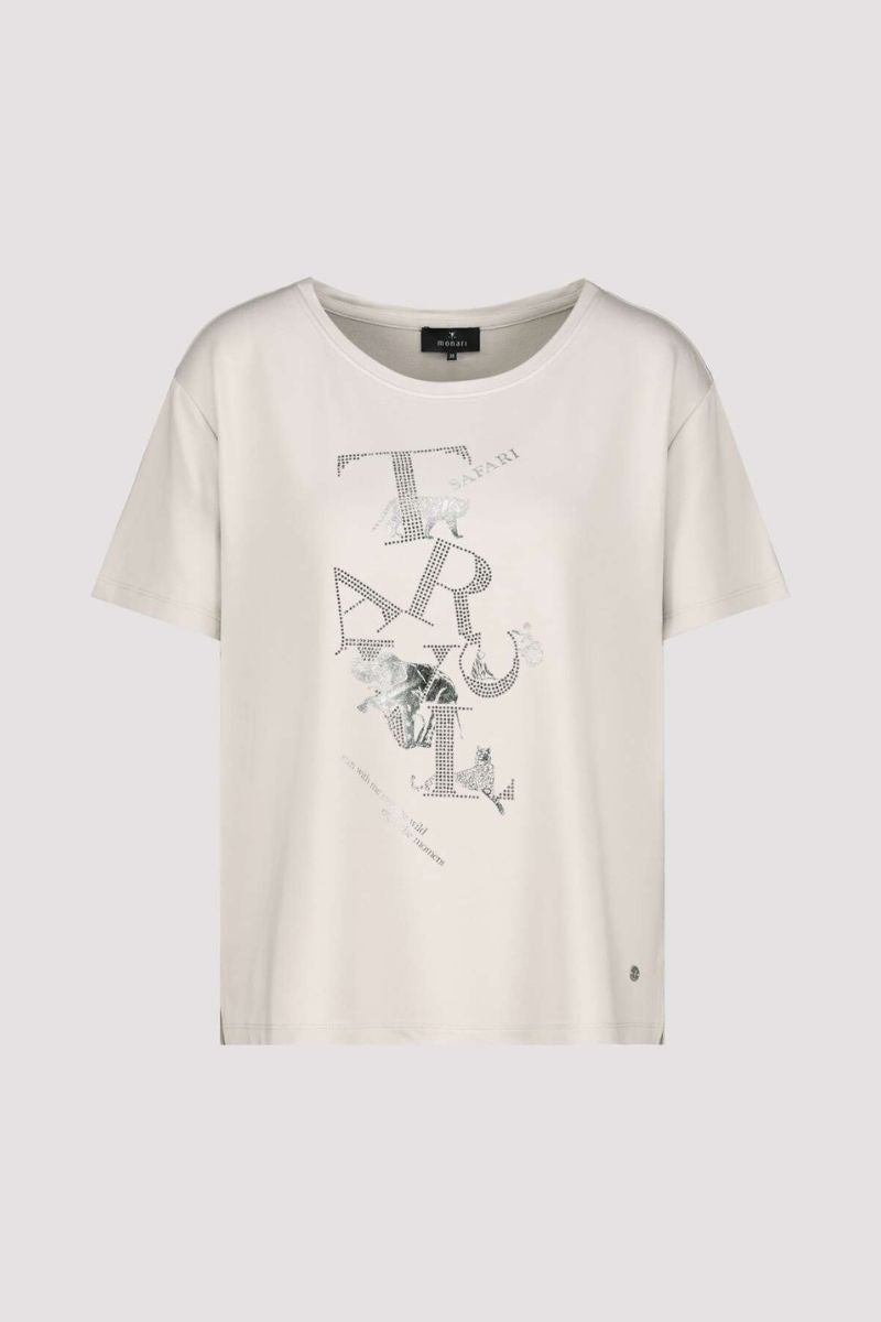 Woman wearing Monari 408680MNR EcoVero Jewellery Print T-Shirt print and rhinestone detail in Light Sand