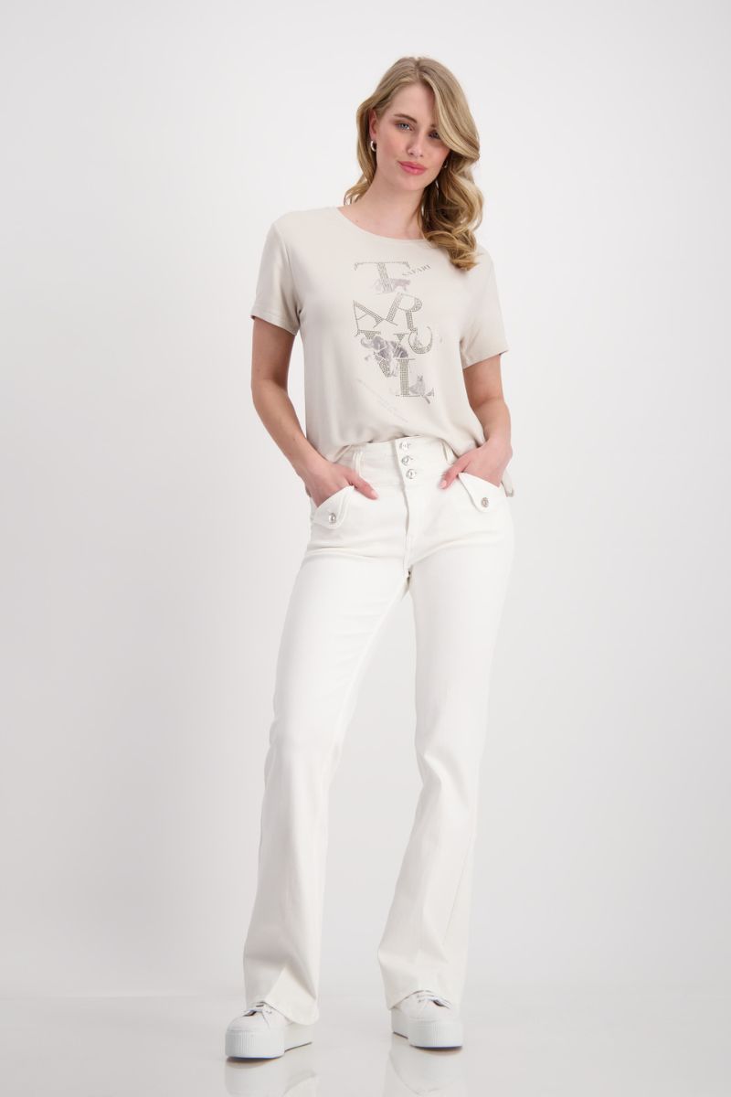 Woman wearing Monari 408680MNR EcoVero Jewellery Print T-Shirt styled outfit view in Light Sand