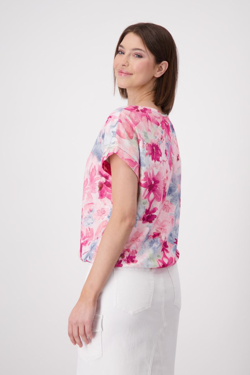 Woman wearing Monari 408700MNR Floral Print T-Shirt Pink side view