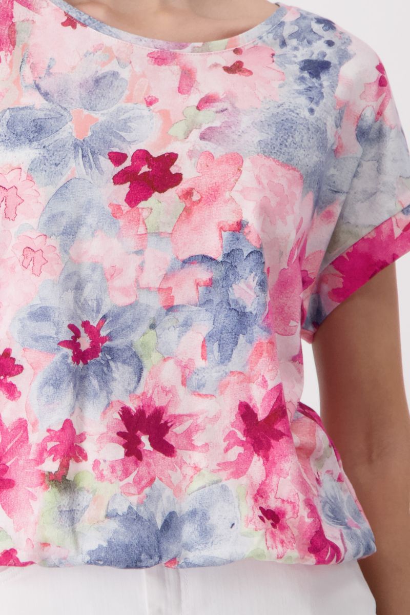 Woman wearing Monari 408700MNR Floral Print T-Shirt Pink print detail