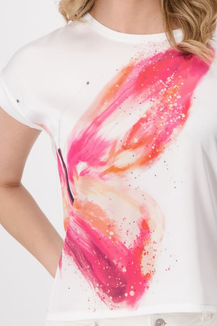 T-Shirt with Butterfly Print and Rhinestones in Cream by Monari in 34 / Cream