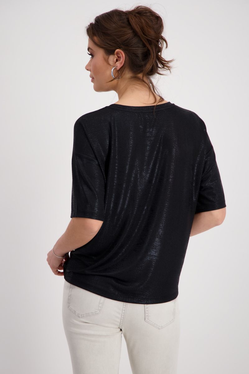Woman wearing Monari 408710MNR gloss print T-shirt in black back view