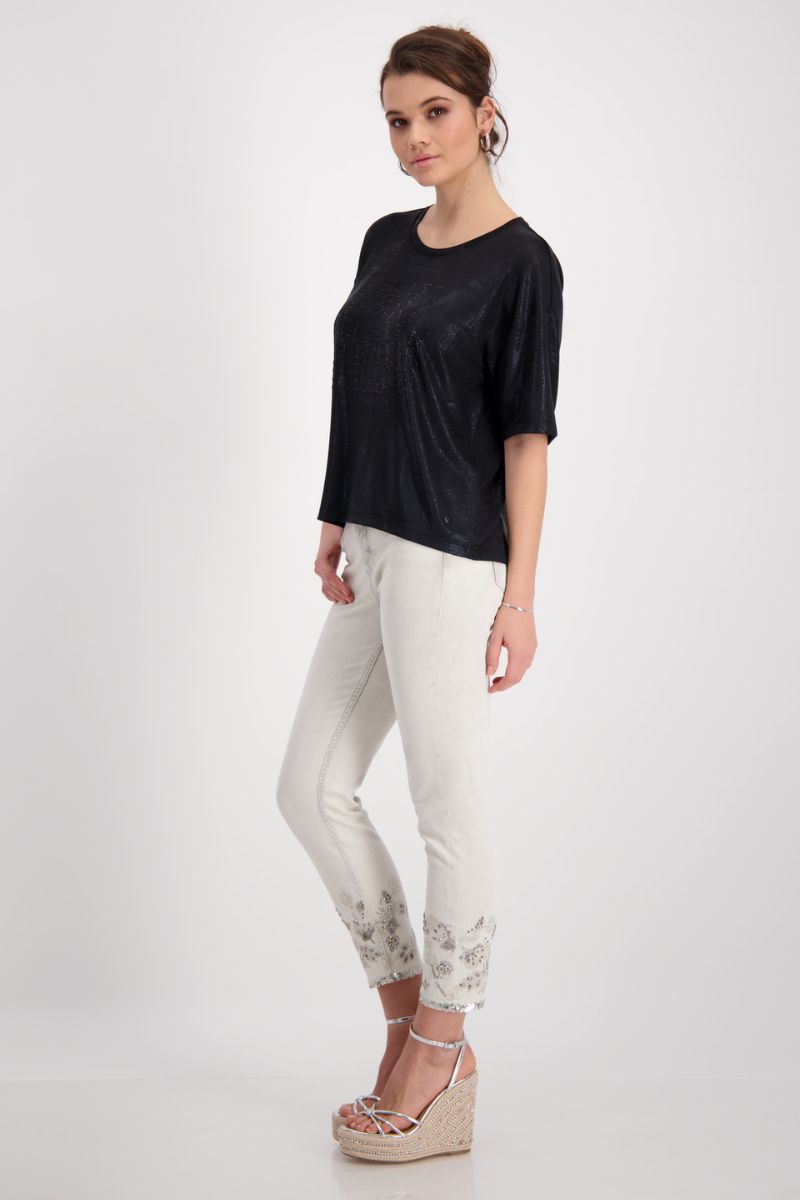 Woman wearing Monari 408710MNR gloss print T-shirt in black styled outfit view