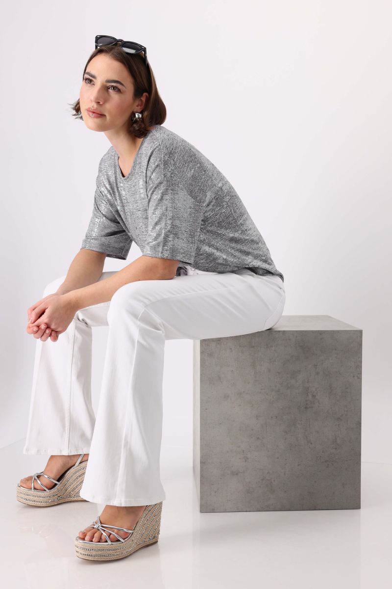Woman wearing Monari 408710MNR Silver Gloss Print T-Shirt styled outfit view in Marble