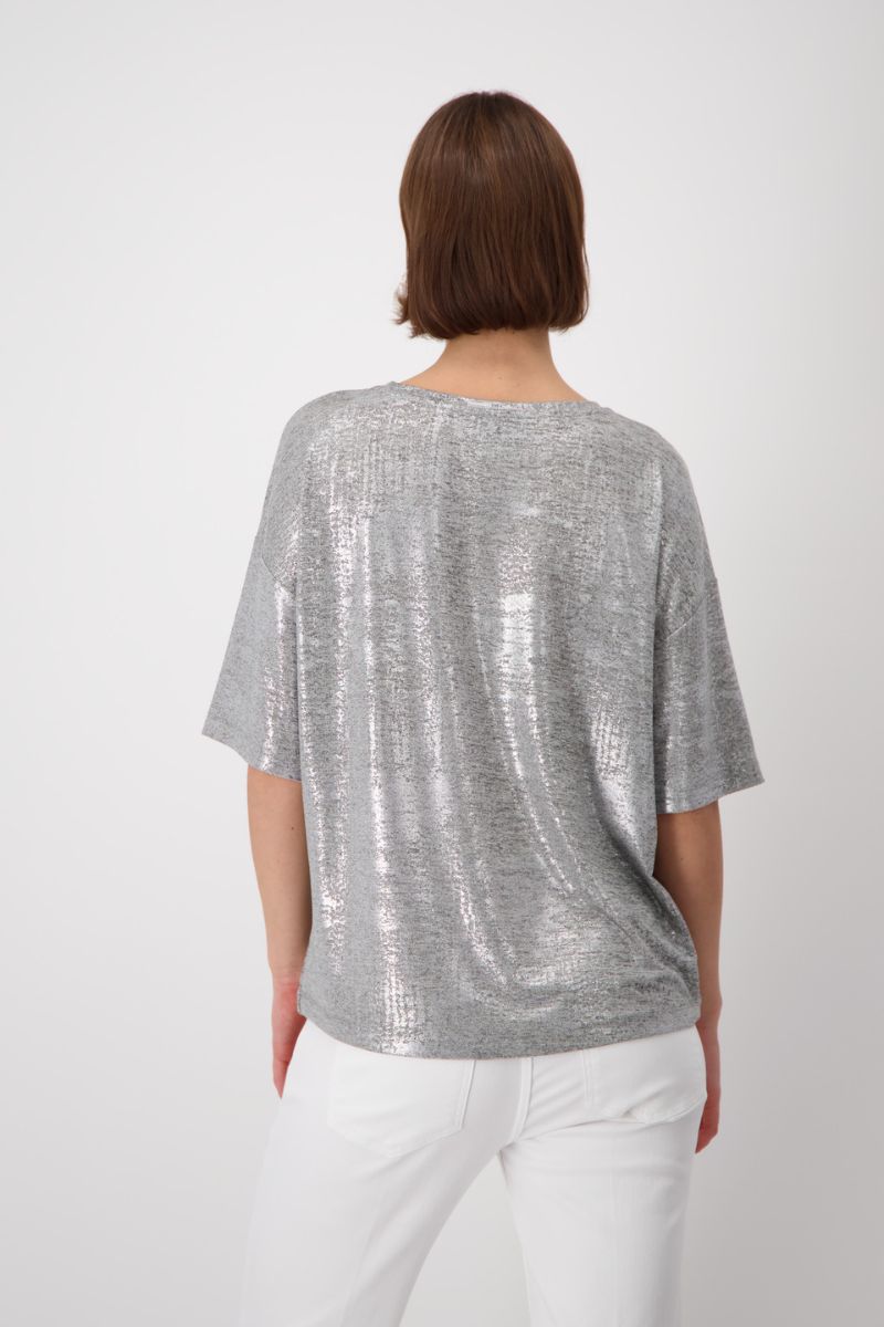 Woman wearing Monari 408710MNR Silver Gloss Print T-Shirt back view