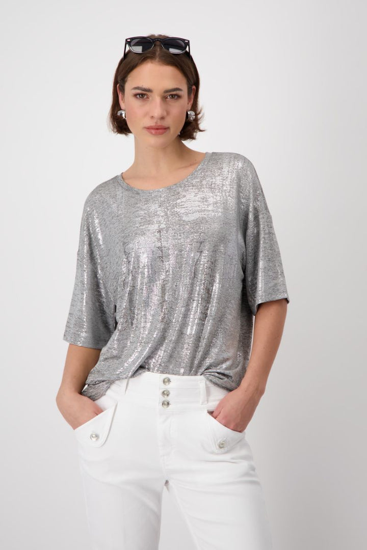 Silver Gloss Print T-Shirt in Marble by Monari in 40 / Silver