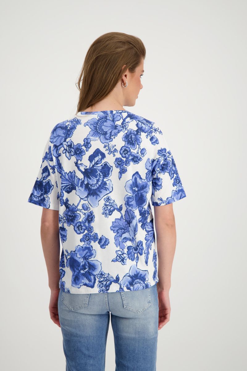 Woman wearing Monari 408736MNR Floral Print T-Shirt Blue back view