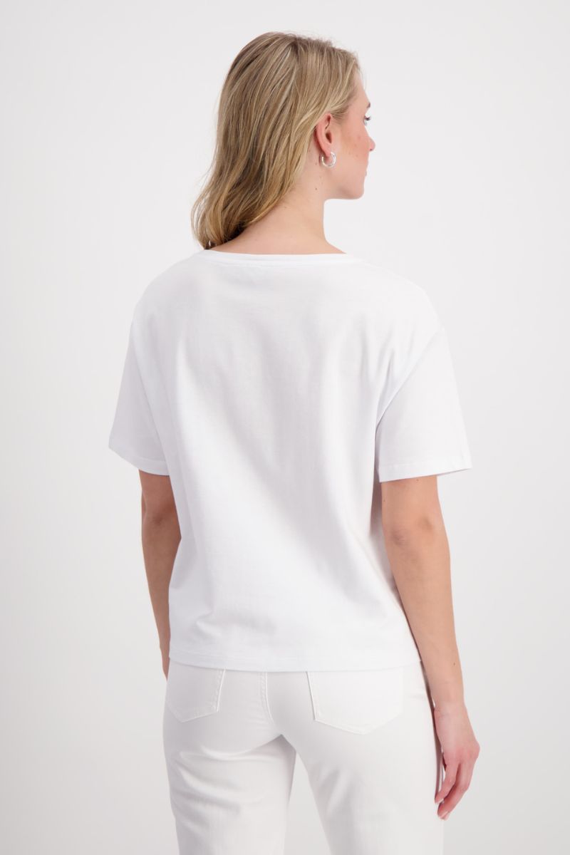 Woman wearing Monari 408738MNR Floral Placement T-Shirt White Blue back view