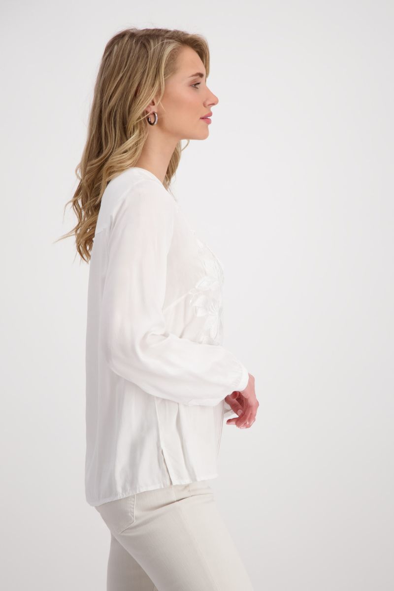 Woman wearing Monari 408761MNR White Embroidered Blouse side view